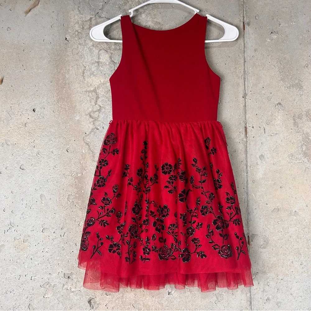Knit works red black glitter floral fit flare a line dress 8